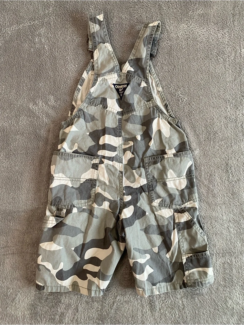 OshKosh B'gosh Toddler Gray Camo Short Overalls 5T Military Outdoor 90s Gorpcore